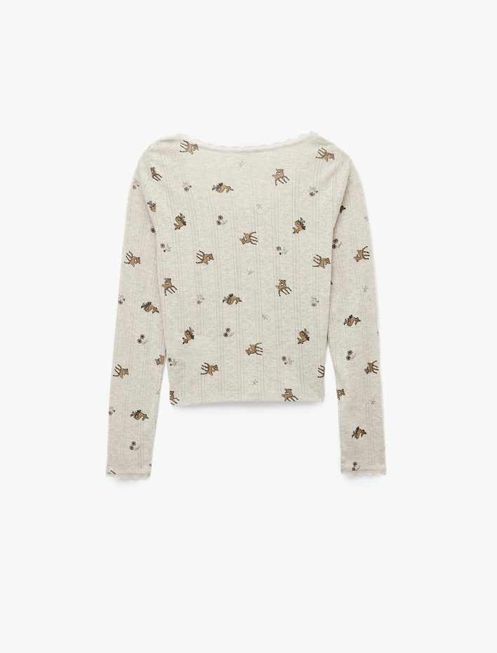  Uzun Kollu Bisiklet Yaka Slim Desenli Pijama Üstü