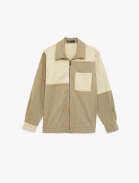 Uzun Kollu Cepli Pamuklu Renk Bloklu Klasik Yaka Fermuarlı Gabardin Gömlek Ceket