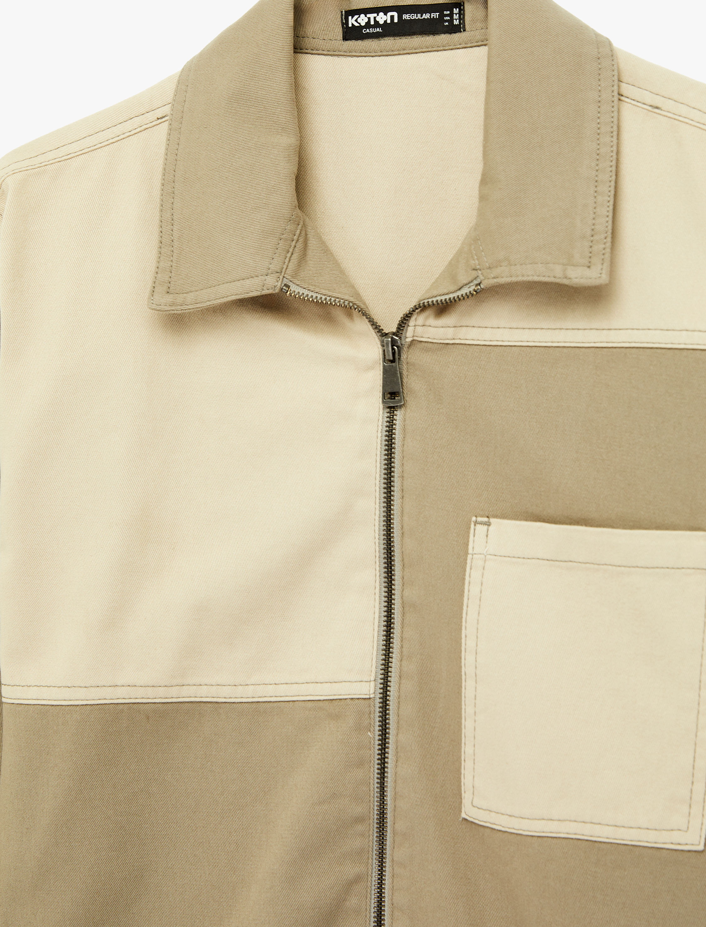   Uzun Kollu Cepli Pamuklu Renk Bloklu Klasik Yaka Fermuarlı Gabardin Gömlek Ceket