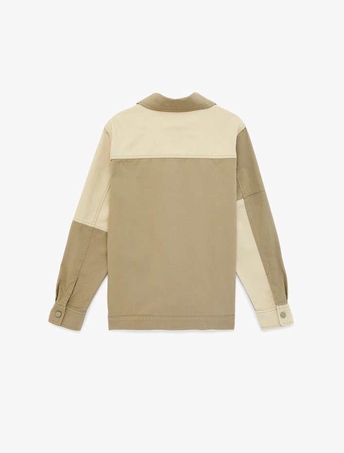  Uzun Kollu Cepli Pamuklu Renk Bloklu Klasik Yaka Fermuarlı Gabardin Gömlek Ceket