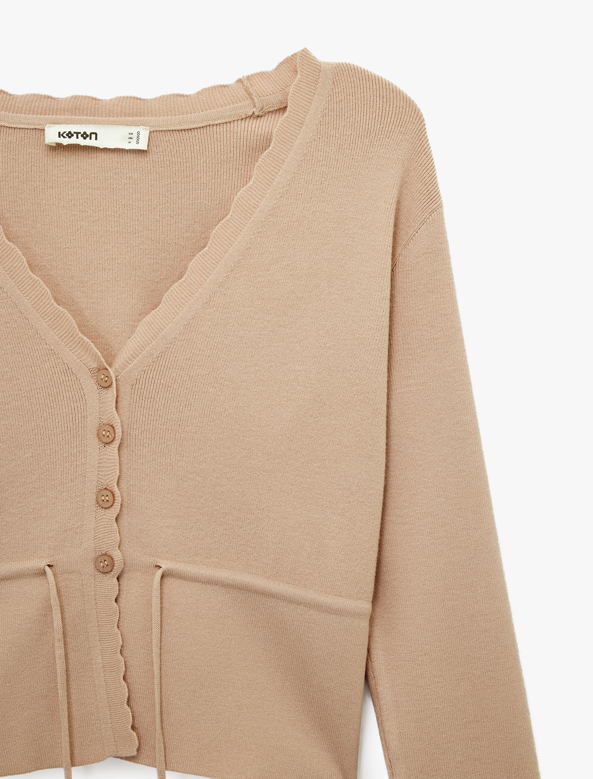   Uzun Kollu Beli Bağcıklı Düğmeli V Yaka Triko Hırka