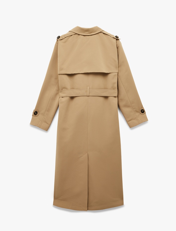  Uzun Kollu Düğmeli Cepli Kemerli Kruvaze Gabardin Trençkot