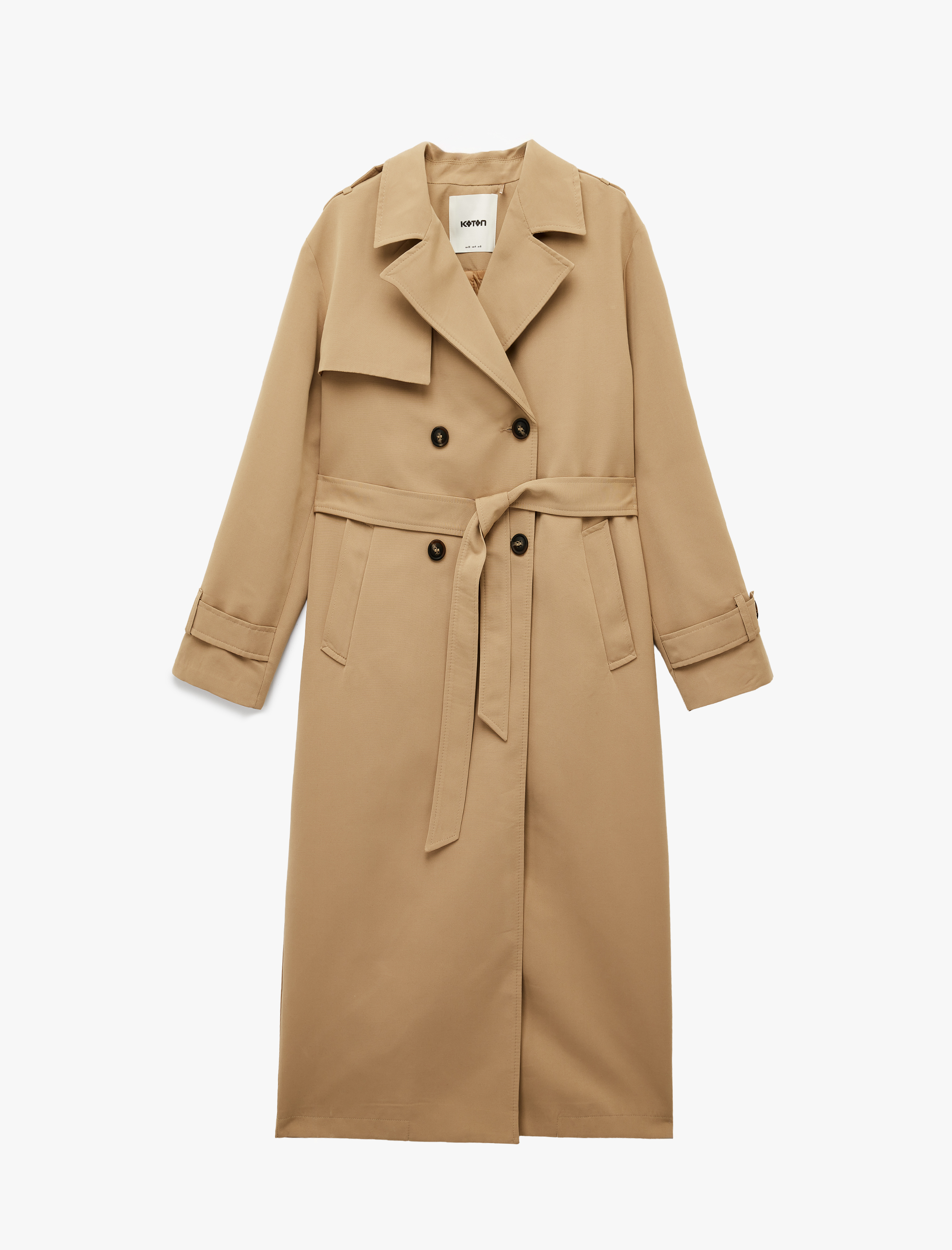   Uzun Kollu Düğmeli Cepli Kemerli Kruvaze Gabardin Trençkot