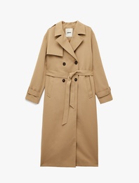 Uzun Kollu Düğmeli Cepli Kemerli Kruvaze Gabardin Trençkot