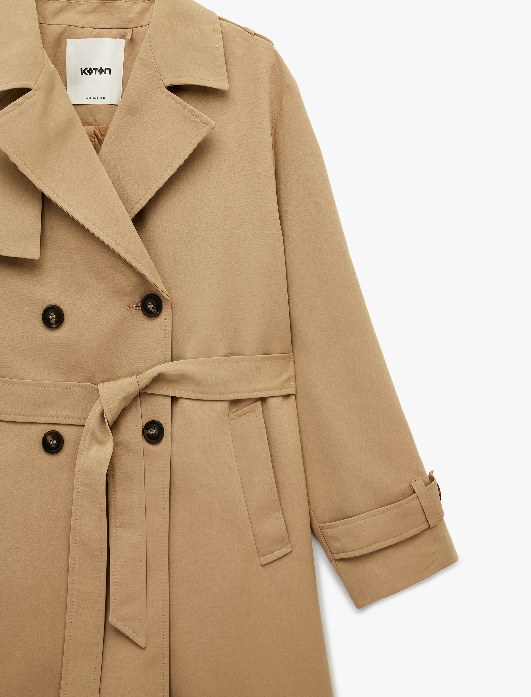   Uzun Kollu Düğmeli Cepli Kemerli Kruvaze Gabardin Trençkot