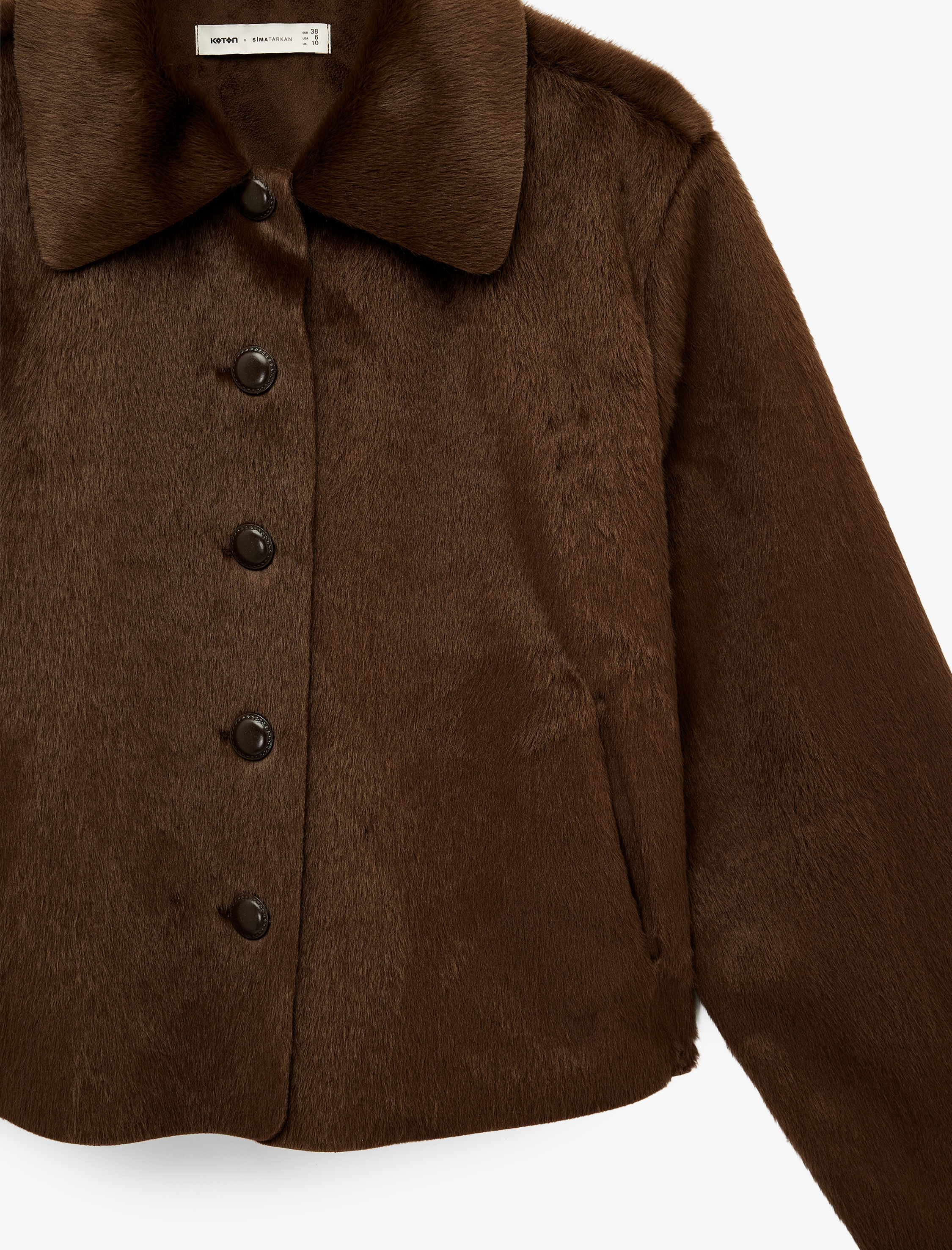   Koton X Sima Tarkan - Suni Kürk Mont Crop Uzun Kollu Düğmeli Cepli