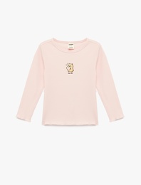 Nakış Detaylı Uzun Kollu Bisiklet Yaka Pamuklu Tişört