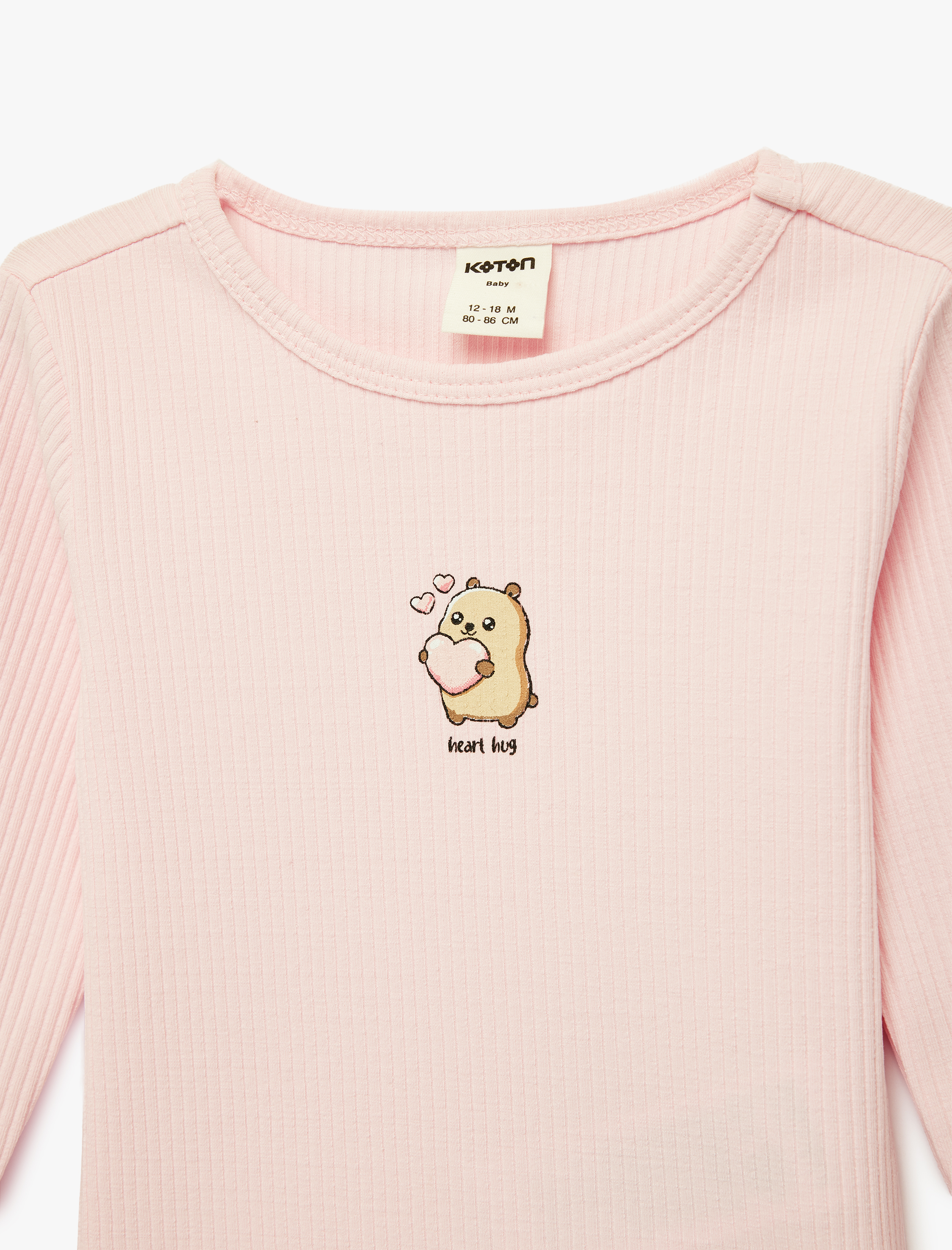  Kız Bebek Nakış Detaylı Uzun Kollu Bisiklet Yaka Pamuklu Tişört