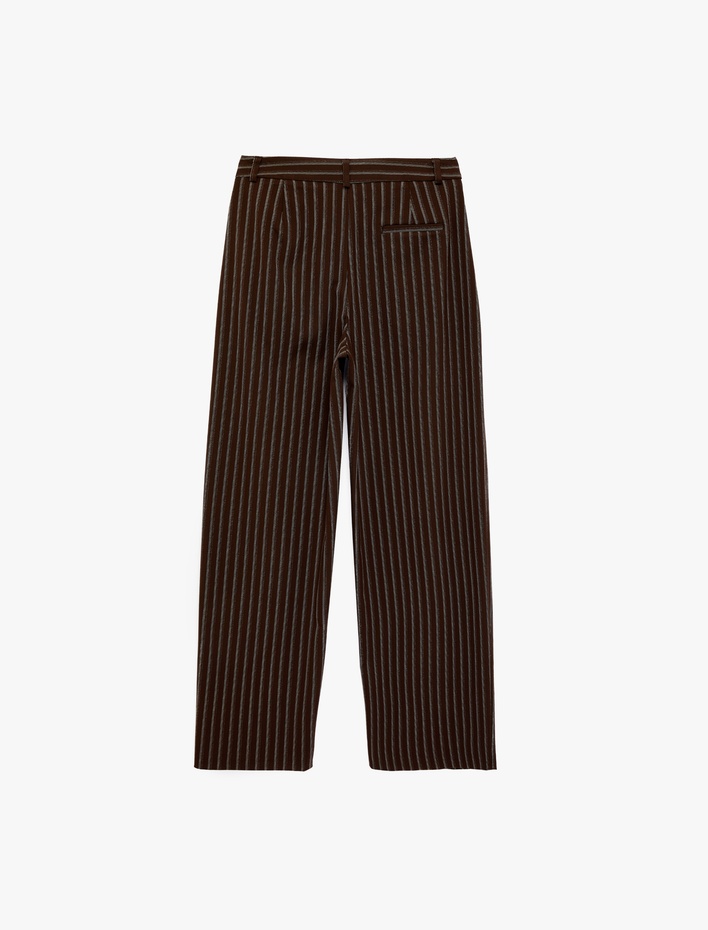  Pile Detaylı Bol Paça Çizgili Kumaş Pantolon