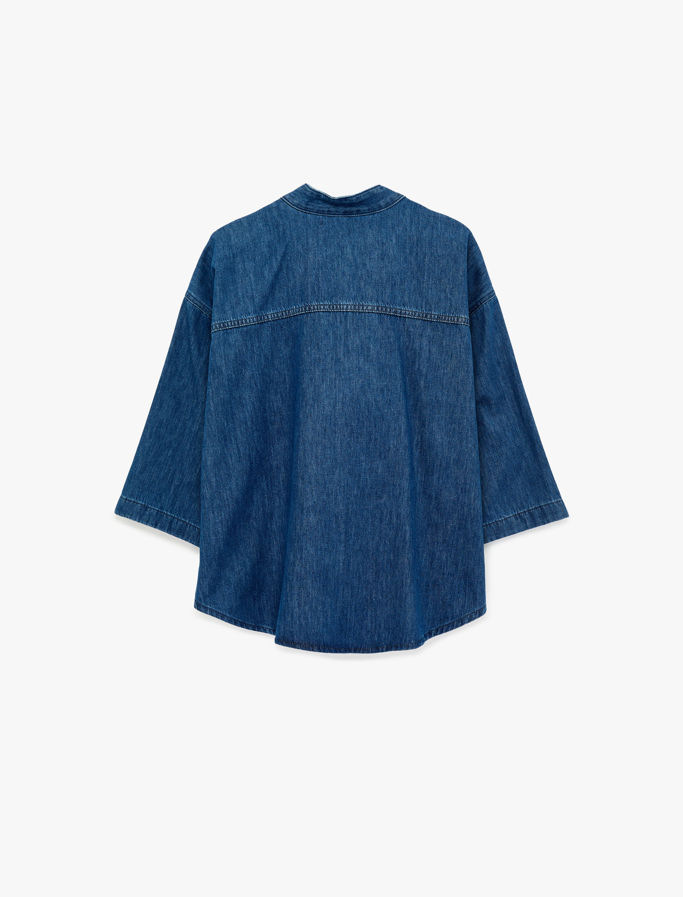   3/4 Kollu Kendinden Fularlı V Yaka Denim Bluz