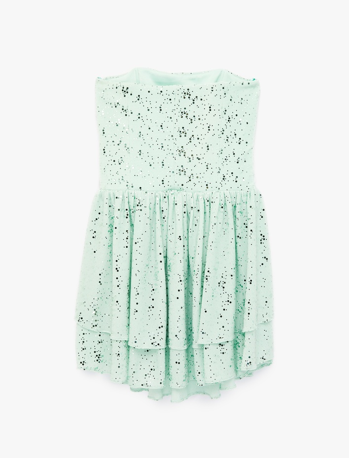  Slim Fit Katmanlı Fırfırlı Parıltılı Straplez Mini Elbise