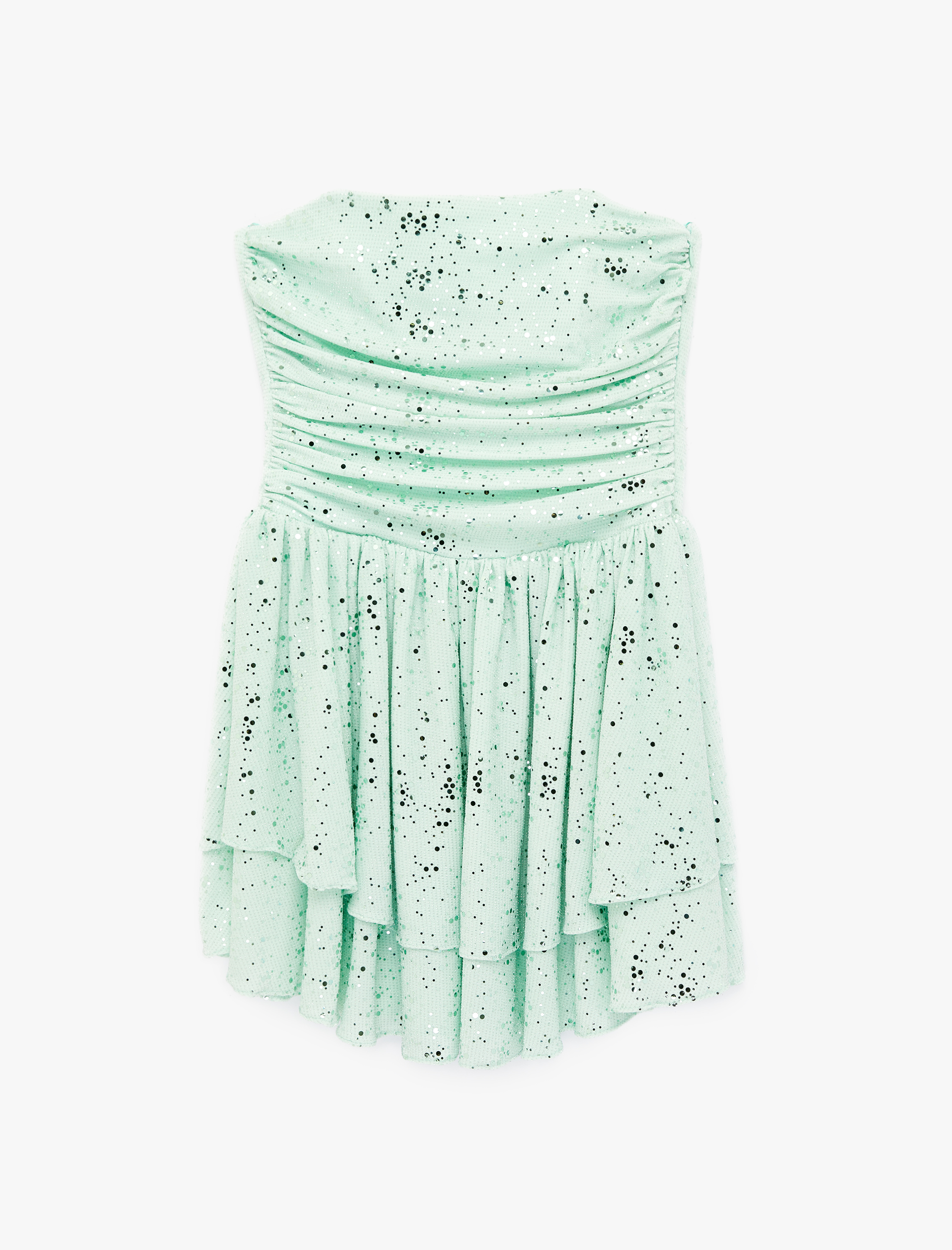   Slim Fit Katmanlı Fırfırlı Parıltılı Straplez Mini Elbise