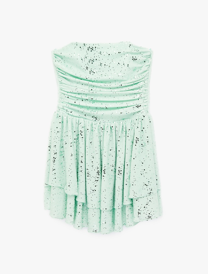  Slim Fit Katmanlı Fırfırlı Parıltılı Straplez Mini Elbise