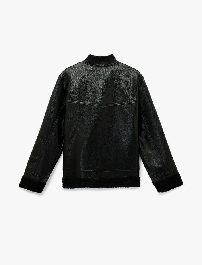  Peluş Astarlı Dik Yaka Çıtçıt Düğmeli Fermuarlı Suni Deri Ceket