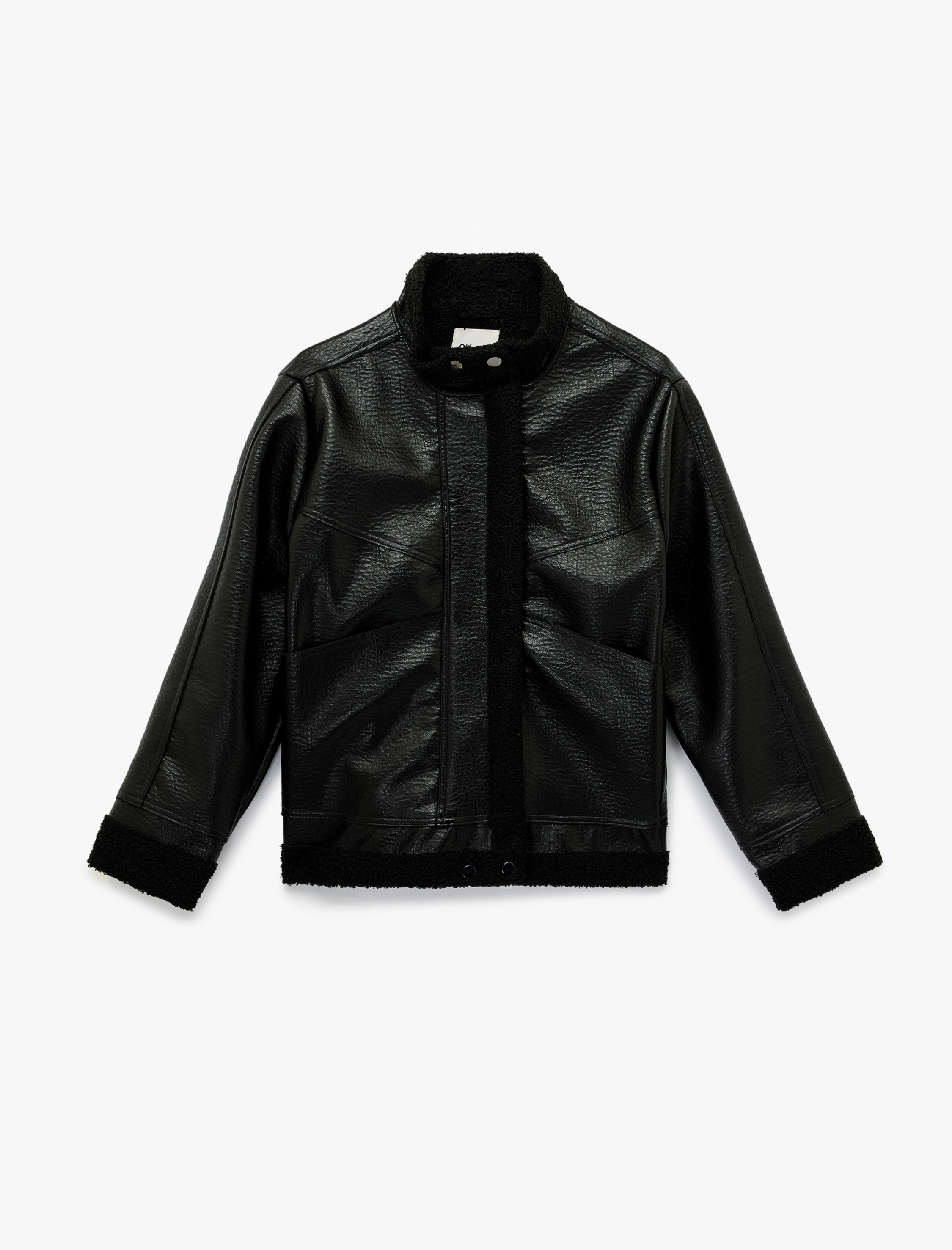   Peluş Astarlı Dik Yaka Çıtçıt Düğmeli Fermuarlı Suni Deri Ceket