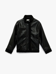 Peluş Astarlı Dik Yaka Çıtçıt Düğmeli Fermuarlı Suni Deri Ceket