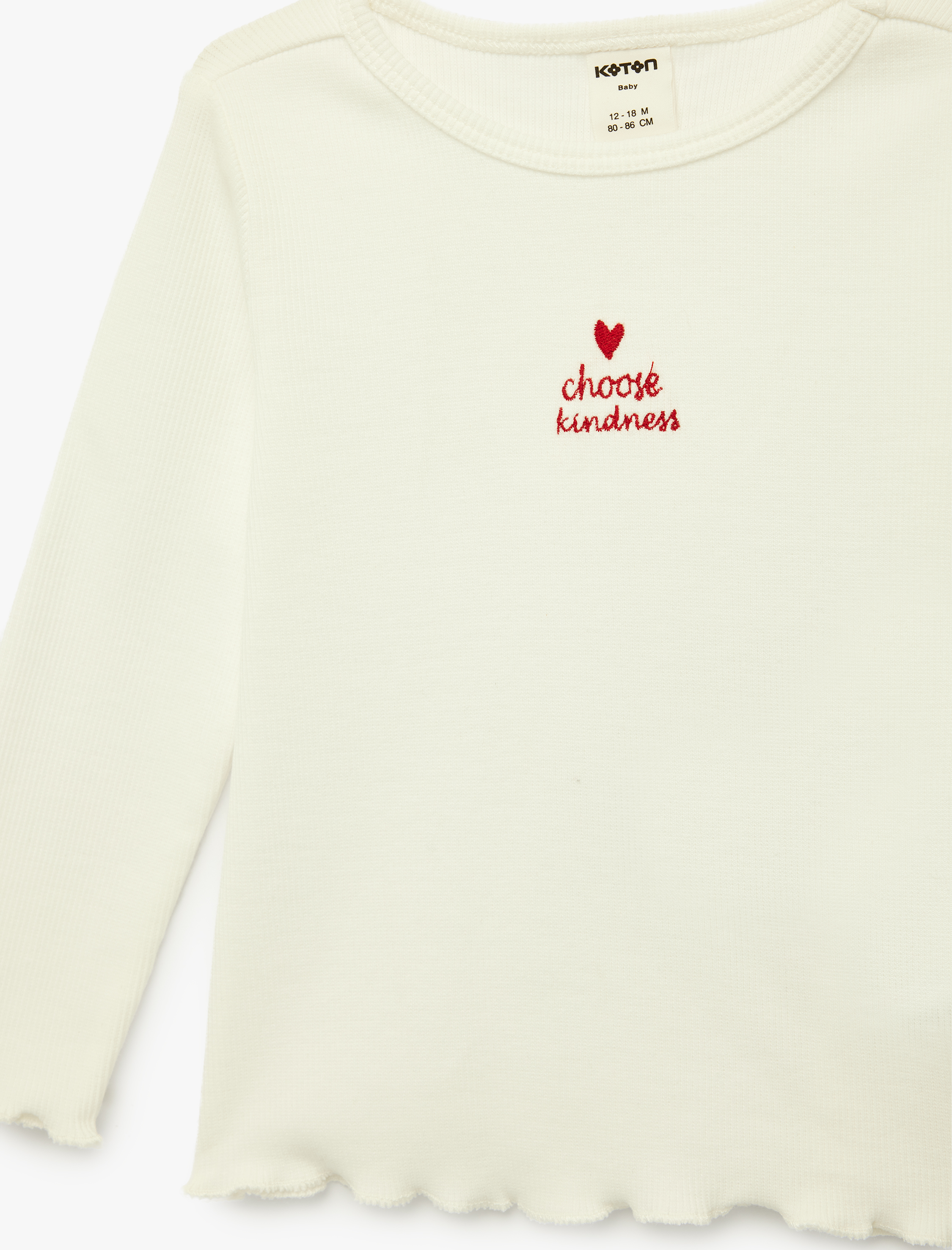  Kız Bebek Nakış Detaylı Uzun Kollu Bisiklet Yaka Pamuklu Tişört