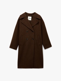 Uzun Kollu Düğmeli Cepli Kruvaze Oversize Kaşe Kaban