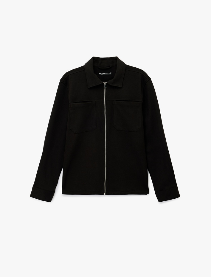  Uzun Kollu Cepli Klasik Yaka Fermuarlı Gömlek Ceket