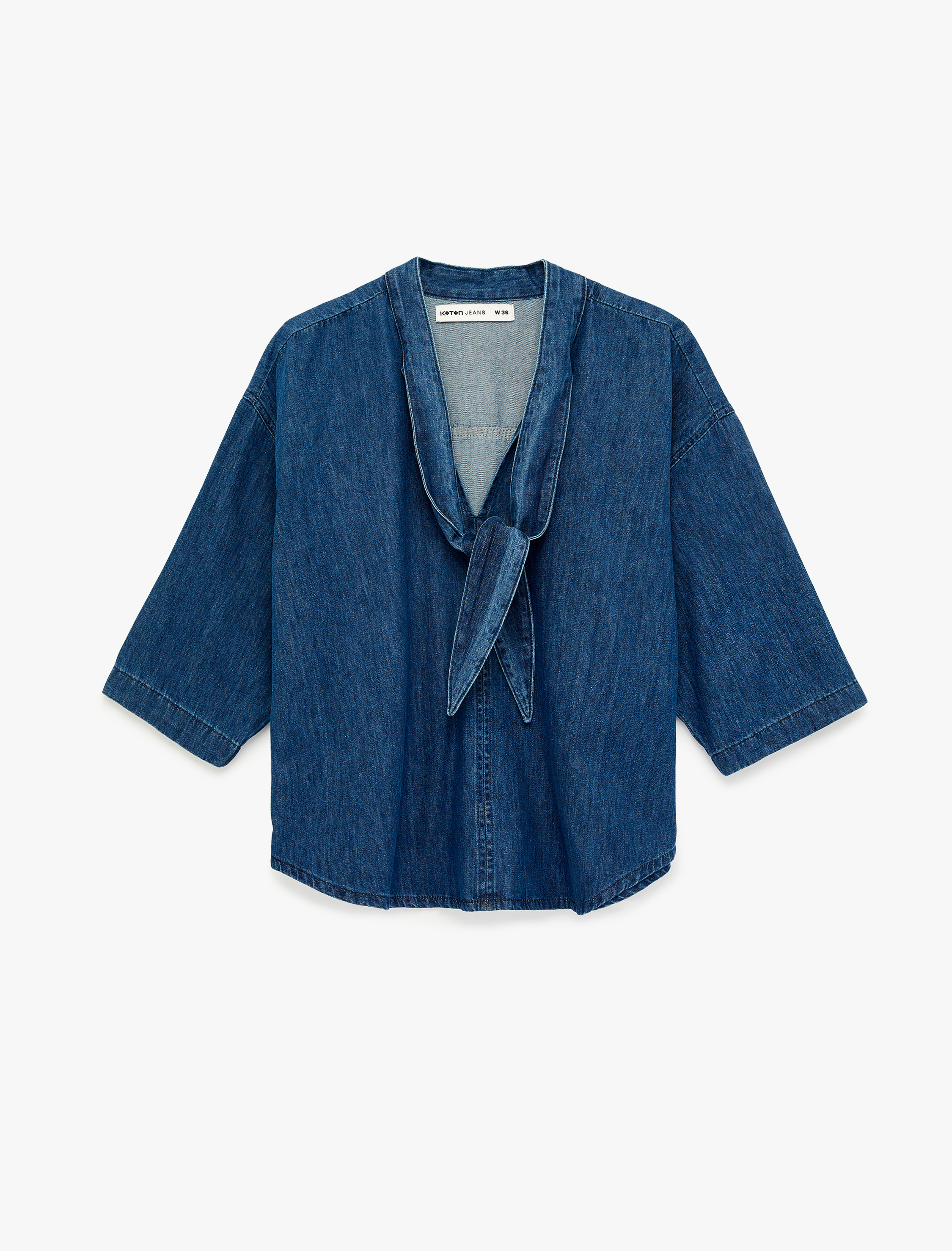   3/4 Kollu Kendinden Fularlı V Yaka Denim Bluz