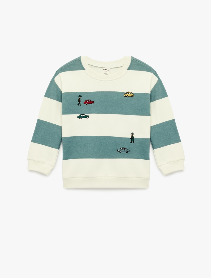 Erkek Bebek Uzun Kollu Bisiklet Yaka Nakışlı Pamuklu Çizgili Sweatshirt