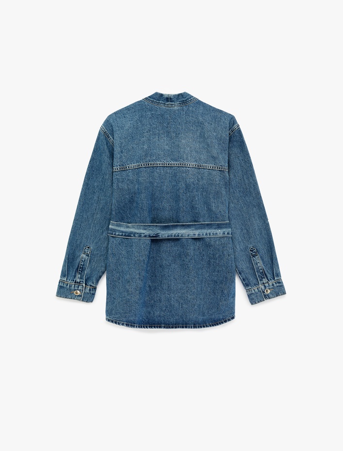  Regular Fit Cepli Uzun Kollu Kemerli Denim Ceket
