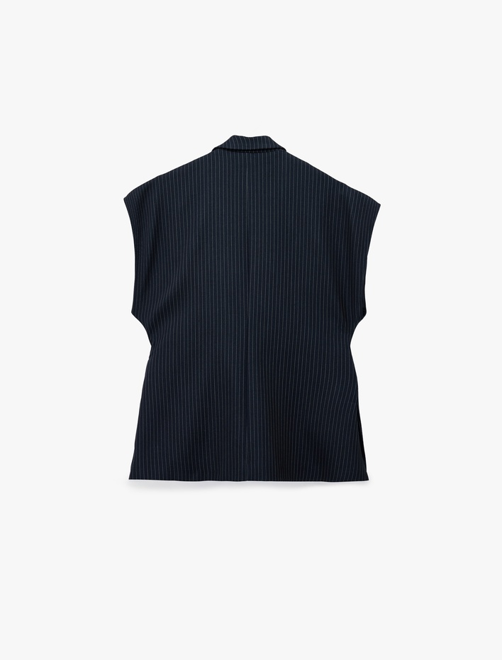  Cepli Kemer Detaylı Çizgili Uzun Blazer Yelek