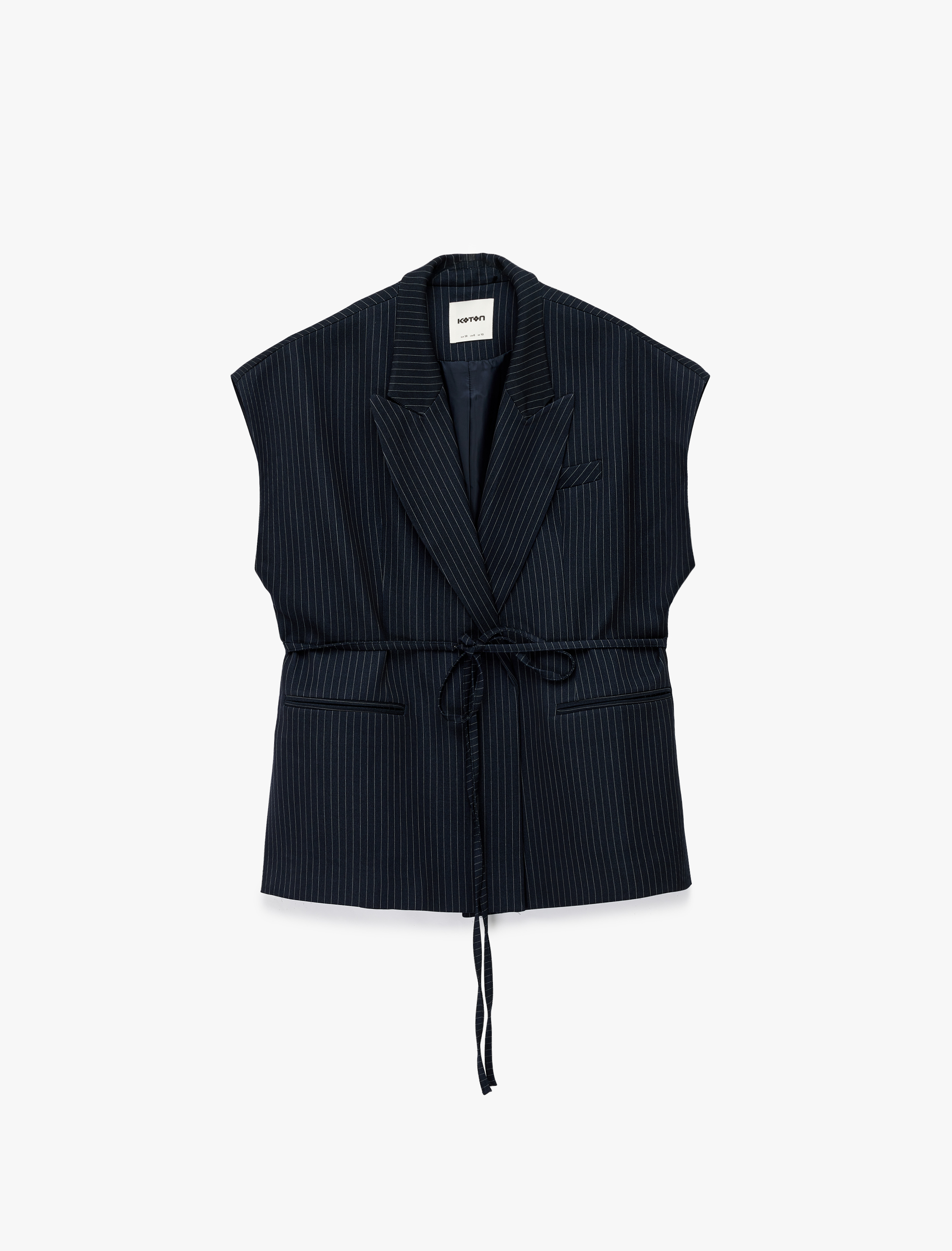   Cepli Kemer Detaylı Çizgili Uzun Blazer Yelek