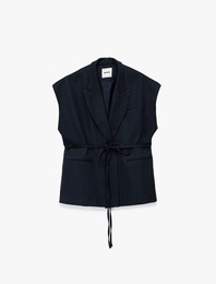 Cepli Kemer Detaylı Çizgili Uzun Blazer Yelek