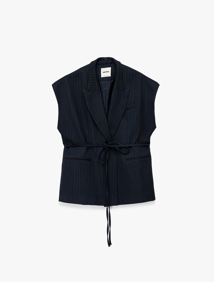  Cepli Kemer Detaylı Çizgili Uzun Blazer Yelek