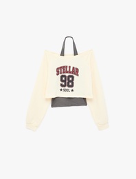 Rahat Kalıp Uzun Kollu Boyundan Bağlama Detaylı Crop Baskılı Sweatshirt