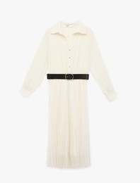 Uzun Kollu Kemerli Düğmeli Şifon Gömlek Elbise