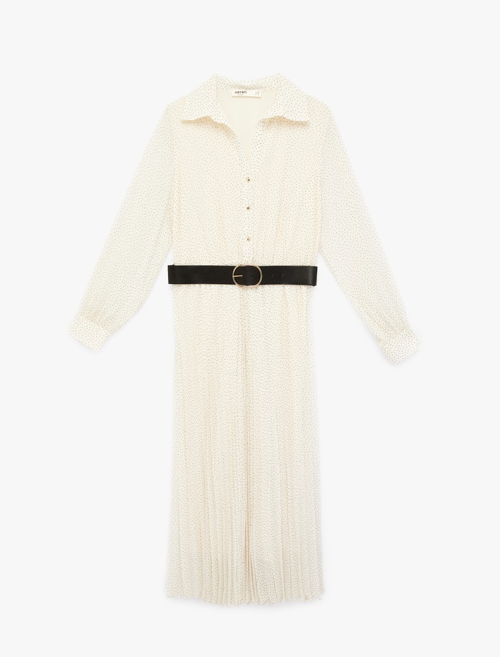  Uzun Kollu Kemerli Düğmeli Şifon Gömlek Elbise