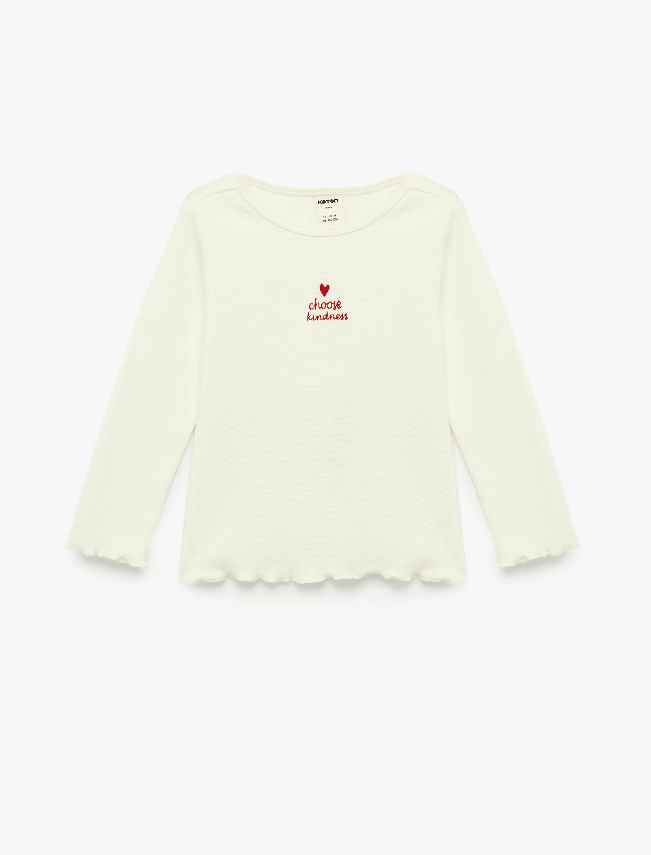  Kız Bebek Nakış Detaylı Uzun Kollu Bisiklet Yaka Pamuklu Tişört