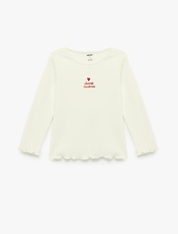 Nakış Detaylı Uzun Kollu Bisiklet Yaka Pamuklu Tişört