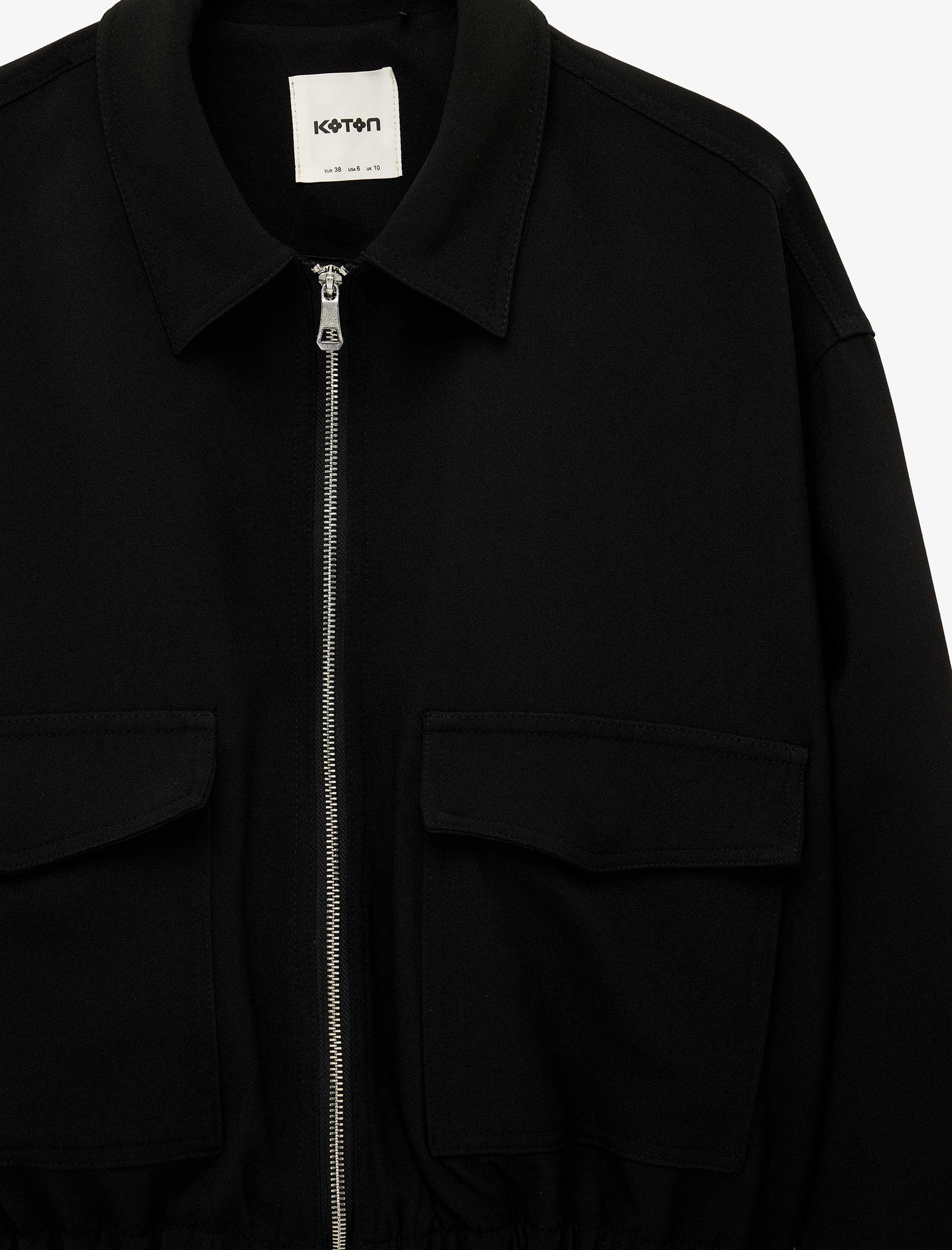   Uzun Kollu Cepli Fermuarlı Gabardin Crop Bomber Ceket