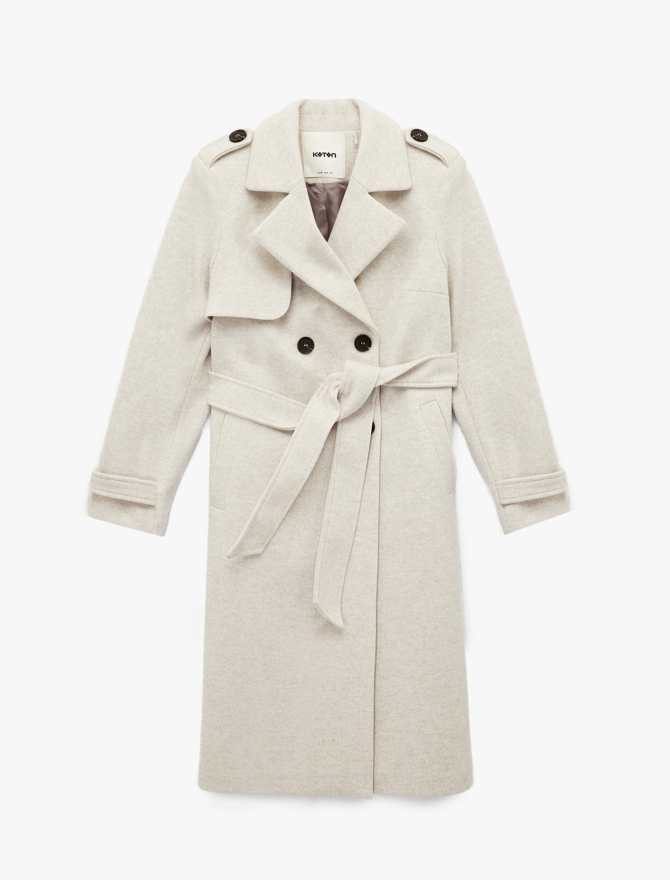   Uzun Kollu Kruvaze Kemerli Trenç Kaşe Kaban