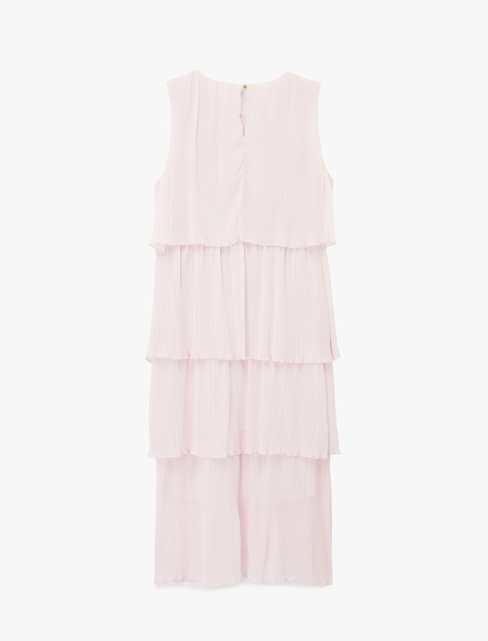  Kolsuz Bisiklet Yaka Katmanlı Midi Şifon Elbise