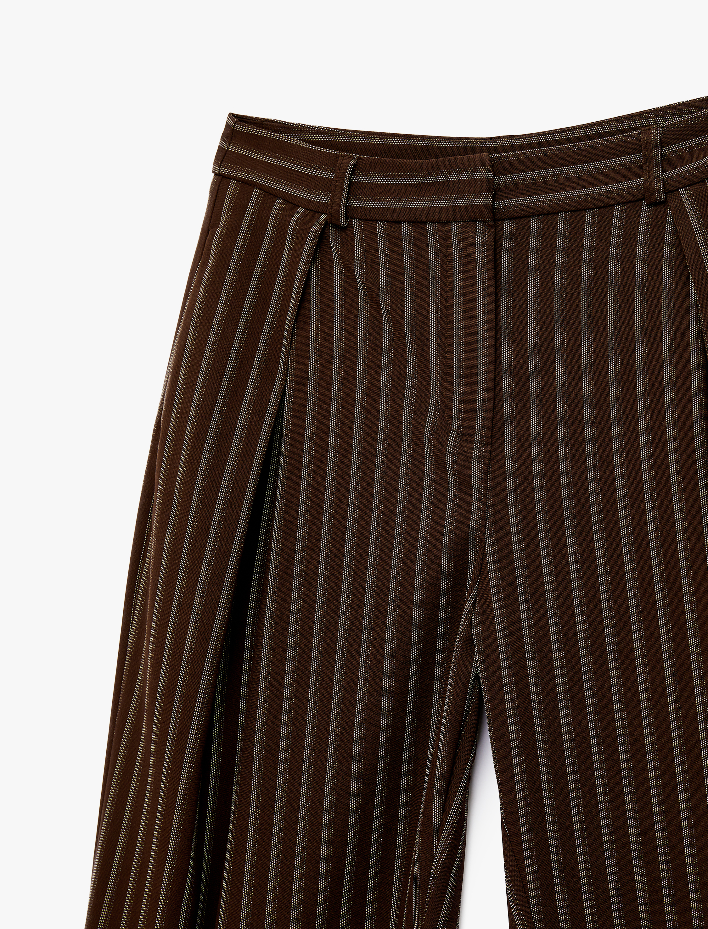   Pile Detaylı Bol Paça Çizgili Kumaş Pantolon