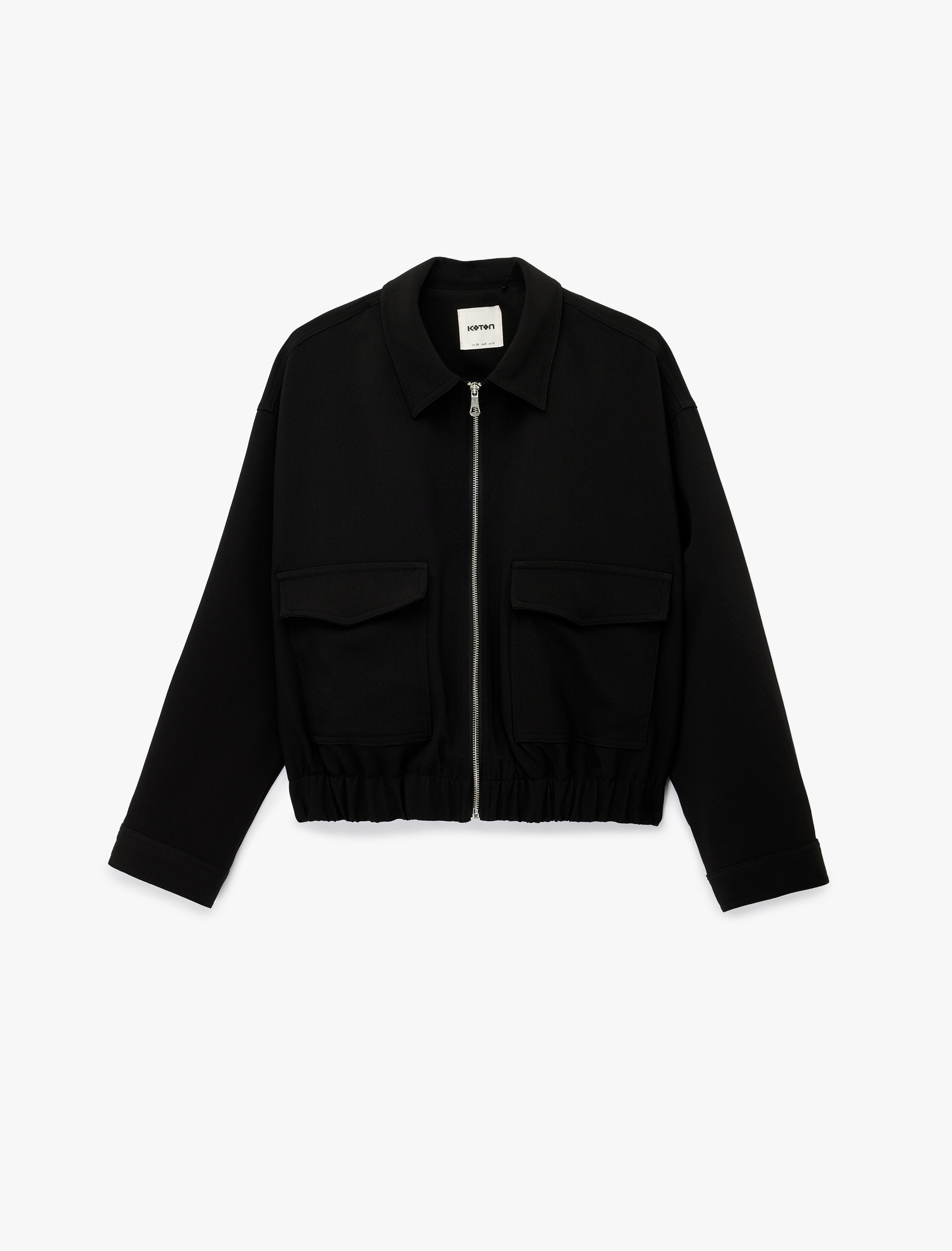   Uzun Kollu Cepli Fermuarlı Gabardin Crop Bomber Ceket