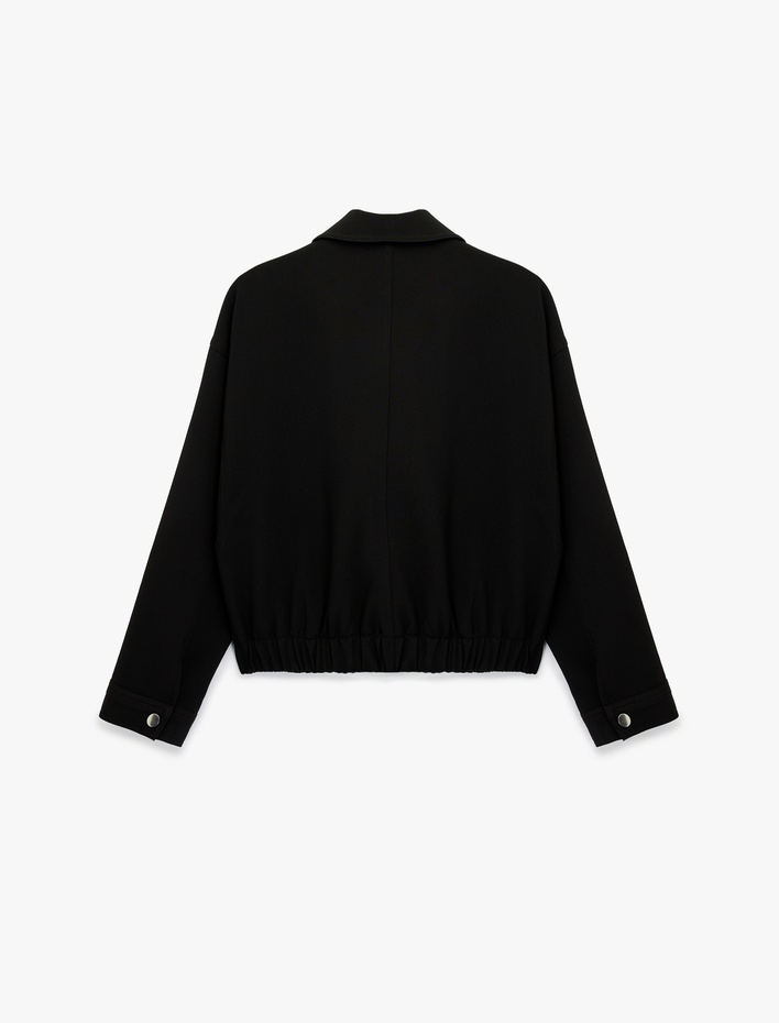  Uzun Kollu Cepli Fermuarlı Gabardin Crop Bomber Ceket