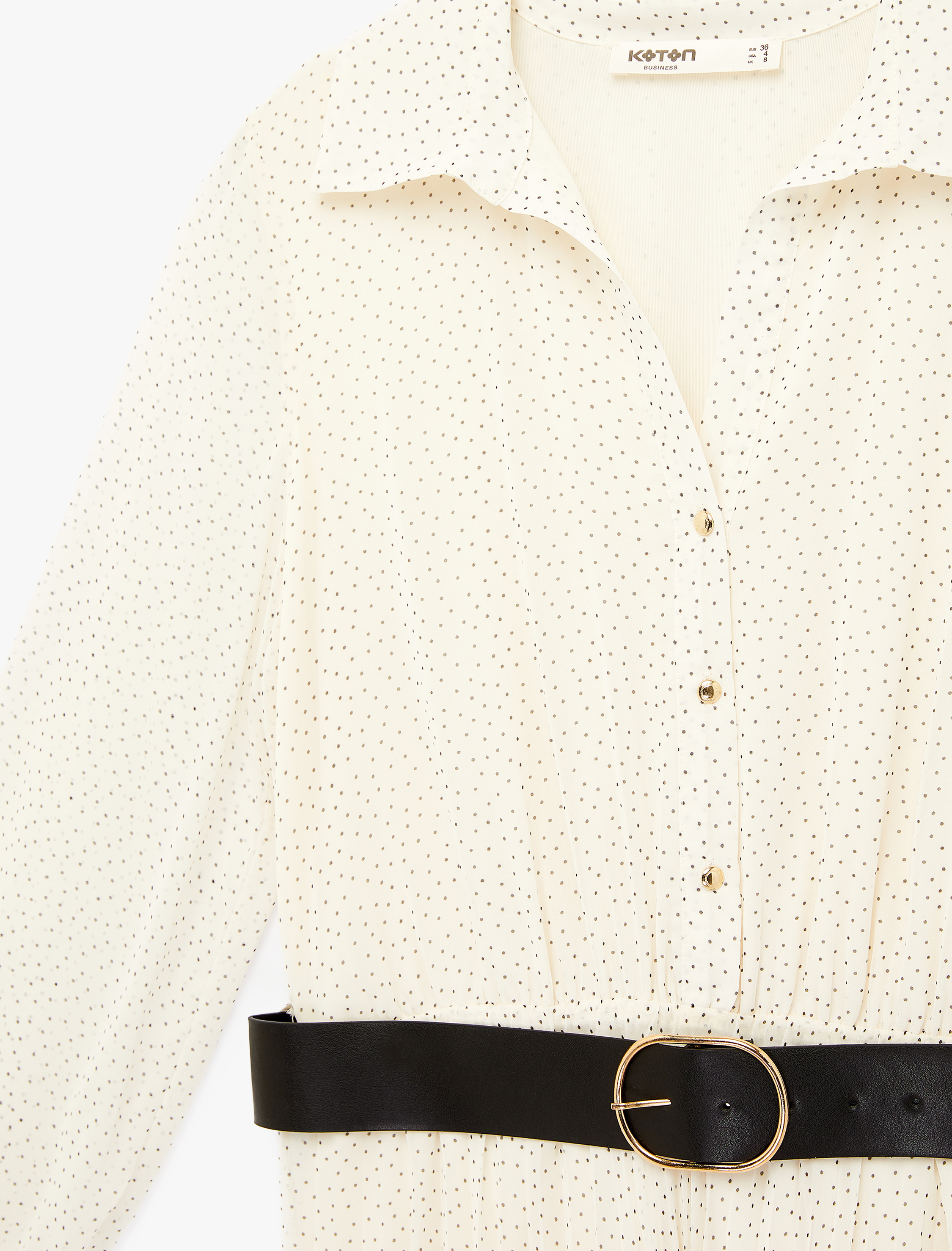   Uzun Kollu Kemerli Düğmeli Şifon Gömlek Elbise