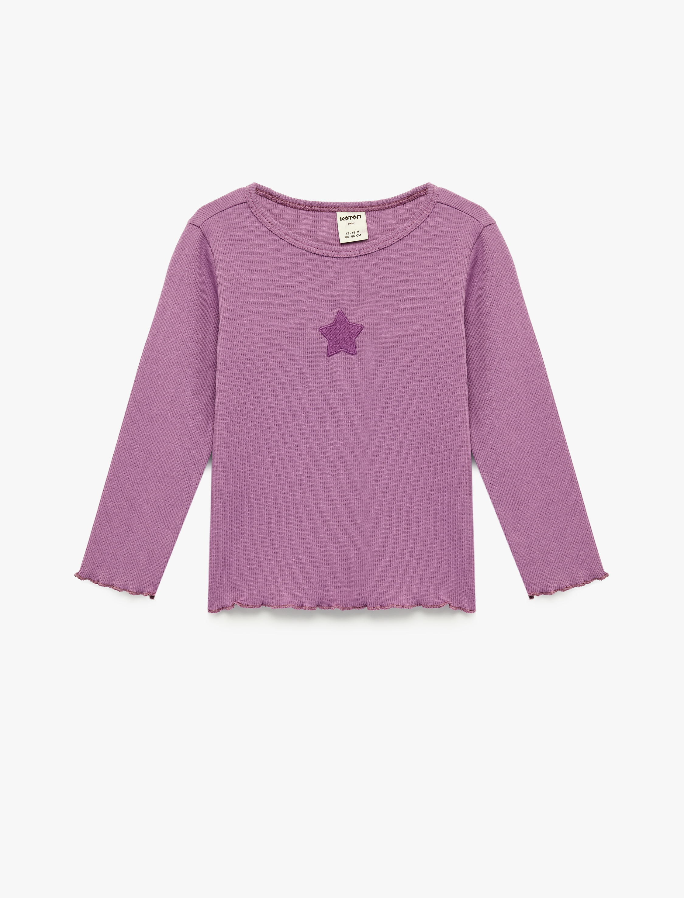  Kız Bebek Bisiklet Yaka Pamuklu Nakış Detaylı Uzun Kollu Tişört