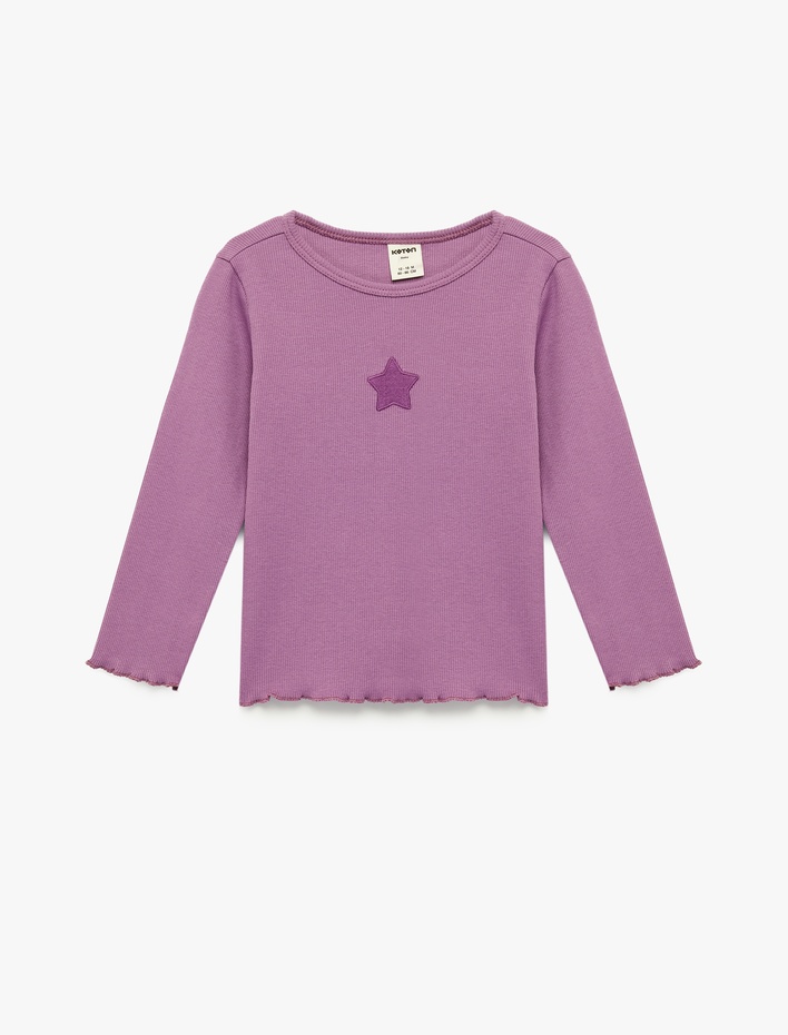 Kız Bebek Bisiklet Yaka Pamuklu Nakış Detaylı Uzun Kollu Tişört