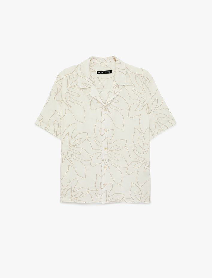 Regular Fit Kısa Kollu Viskon Karışımlı Nakışlı Devrik Yaka Gömlek