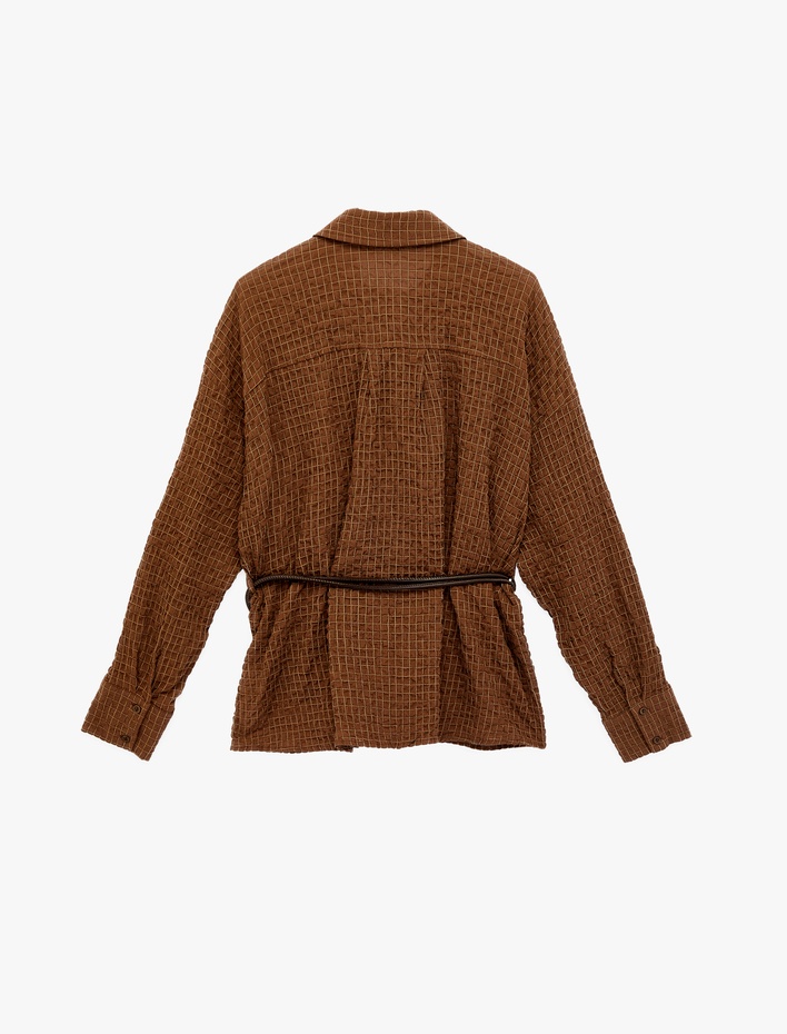  Regular Fit Uzun Kollu Kareli Kemerli Gömlek