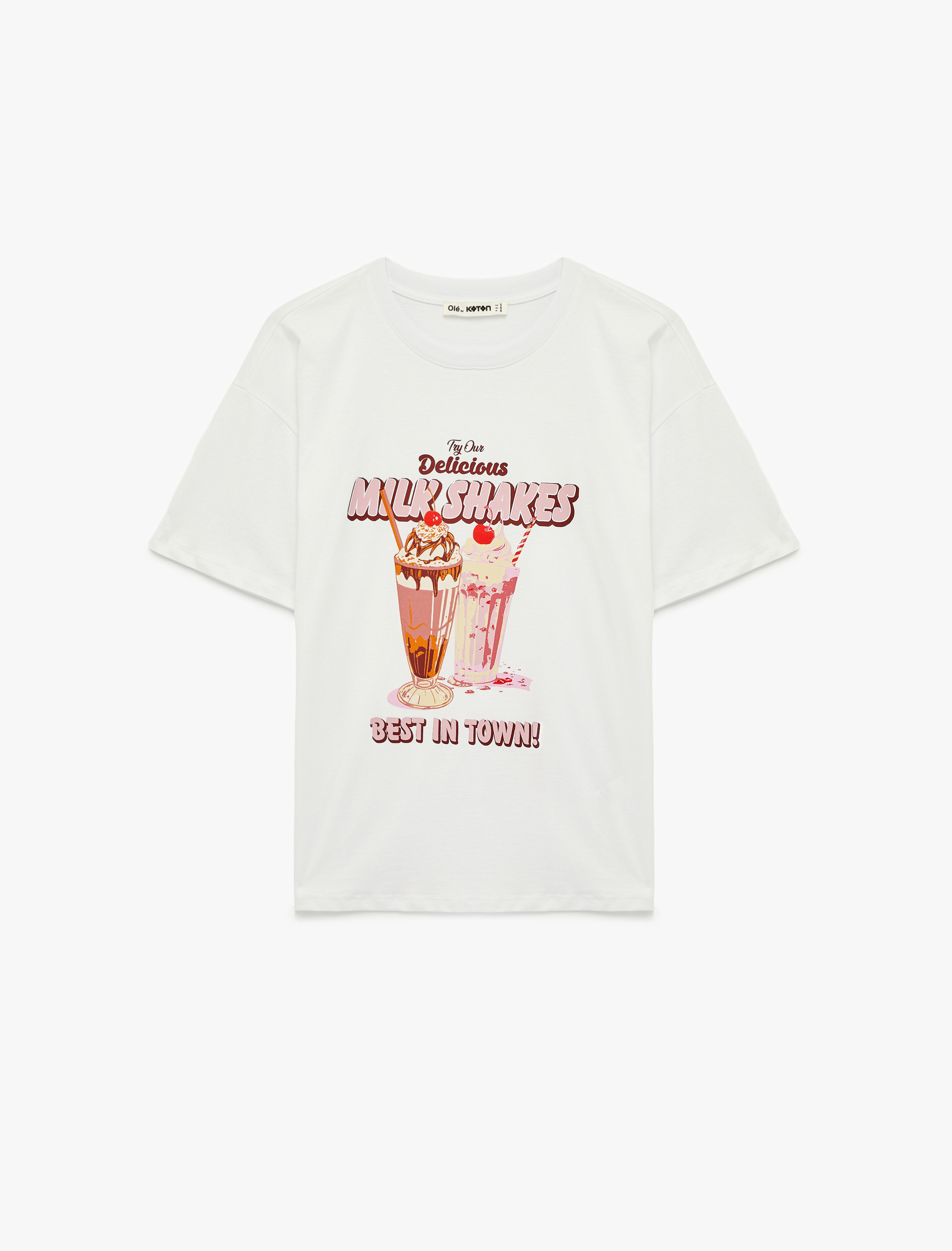   Rahat Kalıp Kısa Kollu Bisiklet Yaka Milkshakes Baskılı Tişört