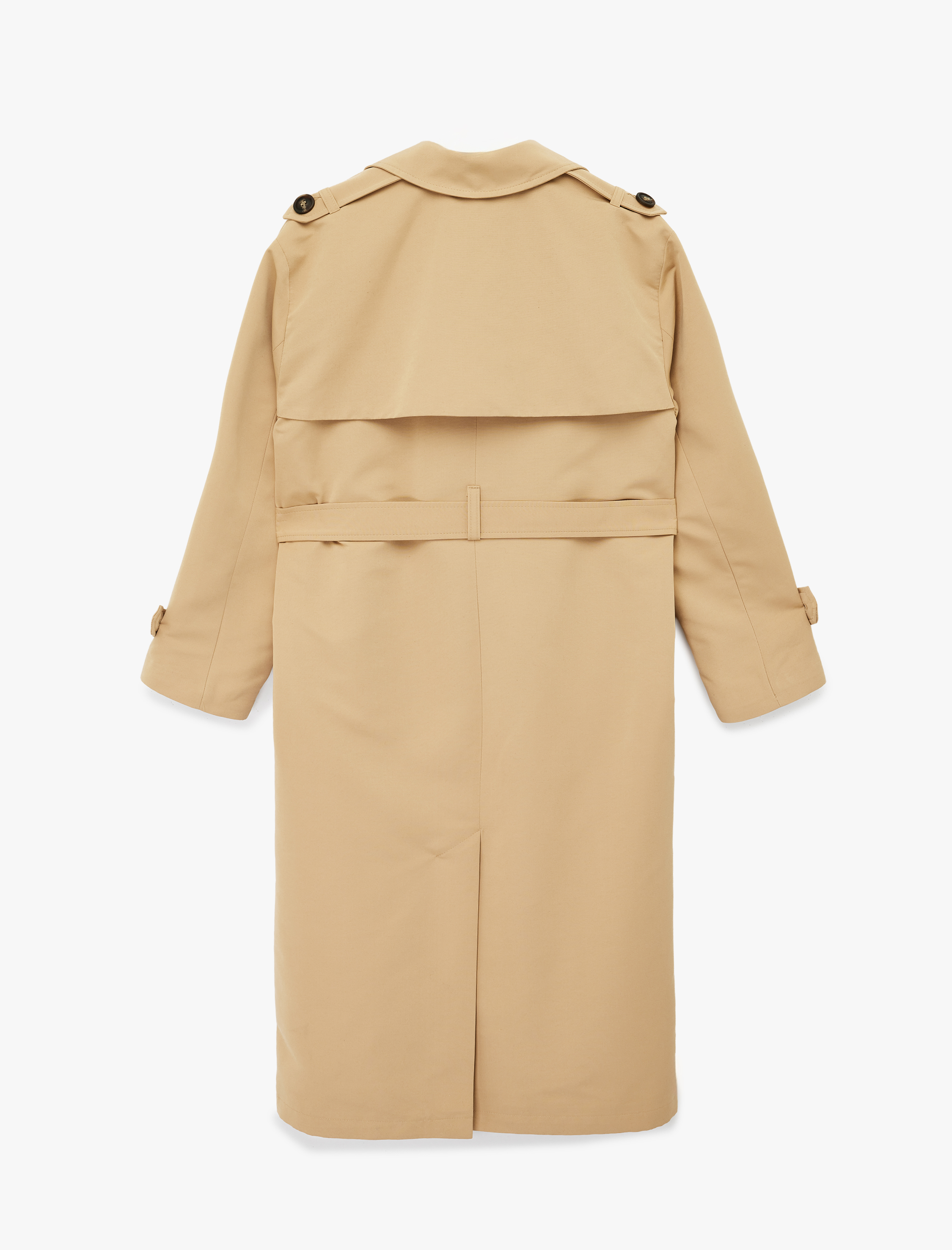   Uzun Kollu Düğmeli Cepli Kemerli Kruvaze Gabardin Trençkot