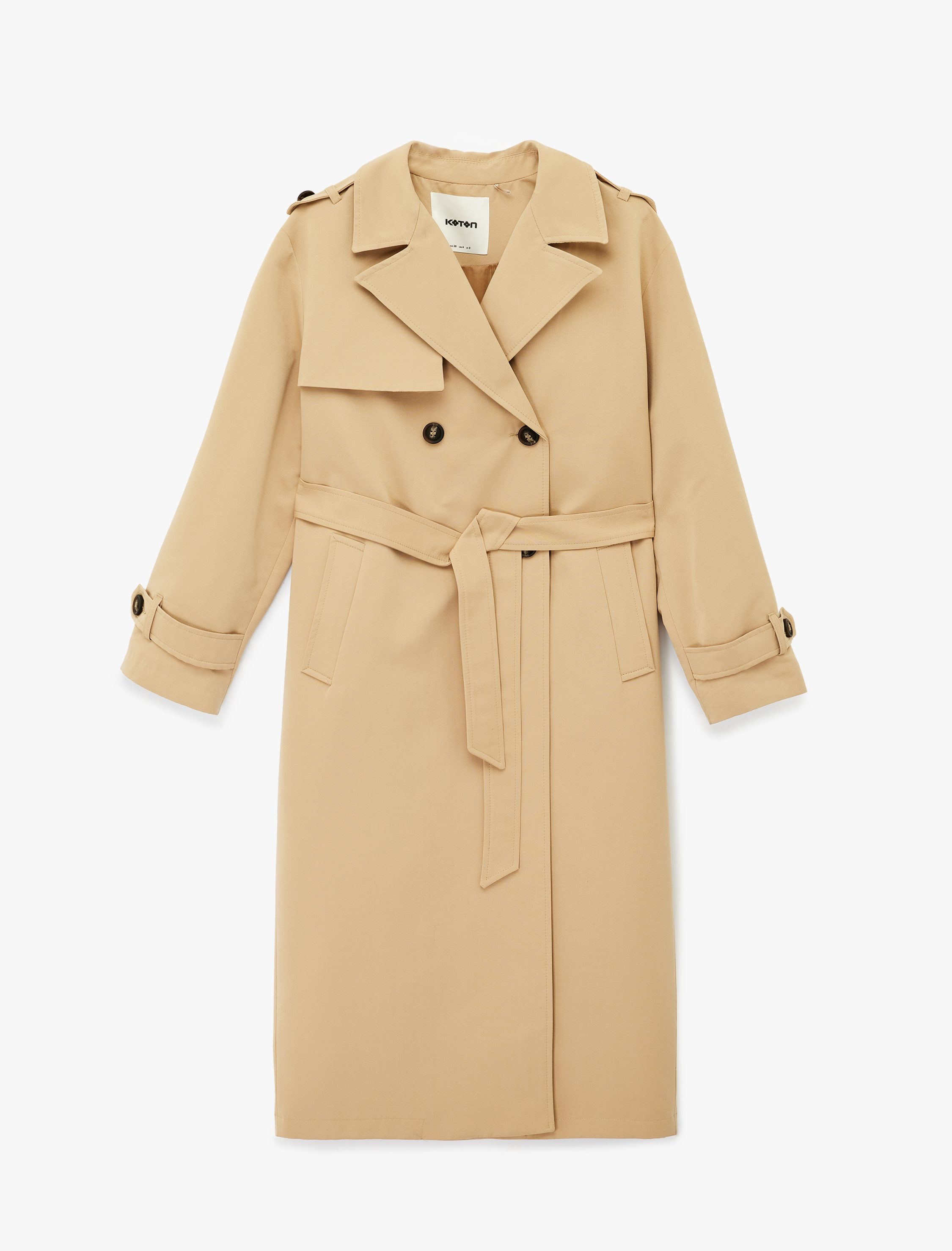   Uzun Kollu Düğmeli Cepli Kemerli Kruvaze Gabardin Trençkot