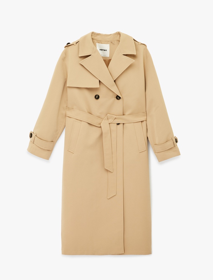  Uzun Kollu Düğmeli Cepli Kemerli Kruvaze Gabardin Trençkot